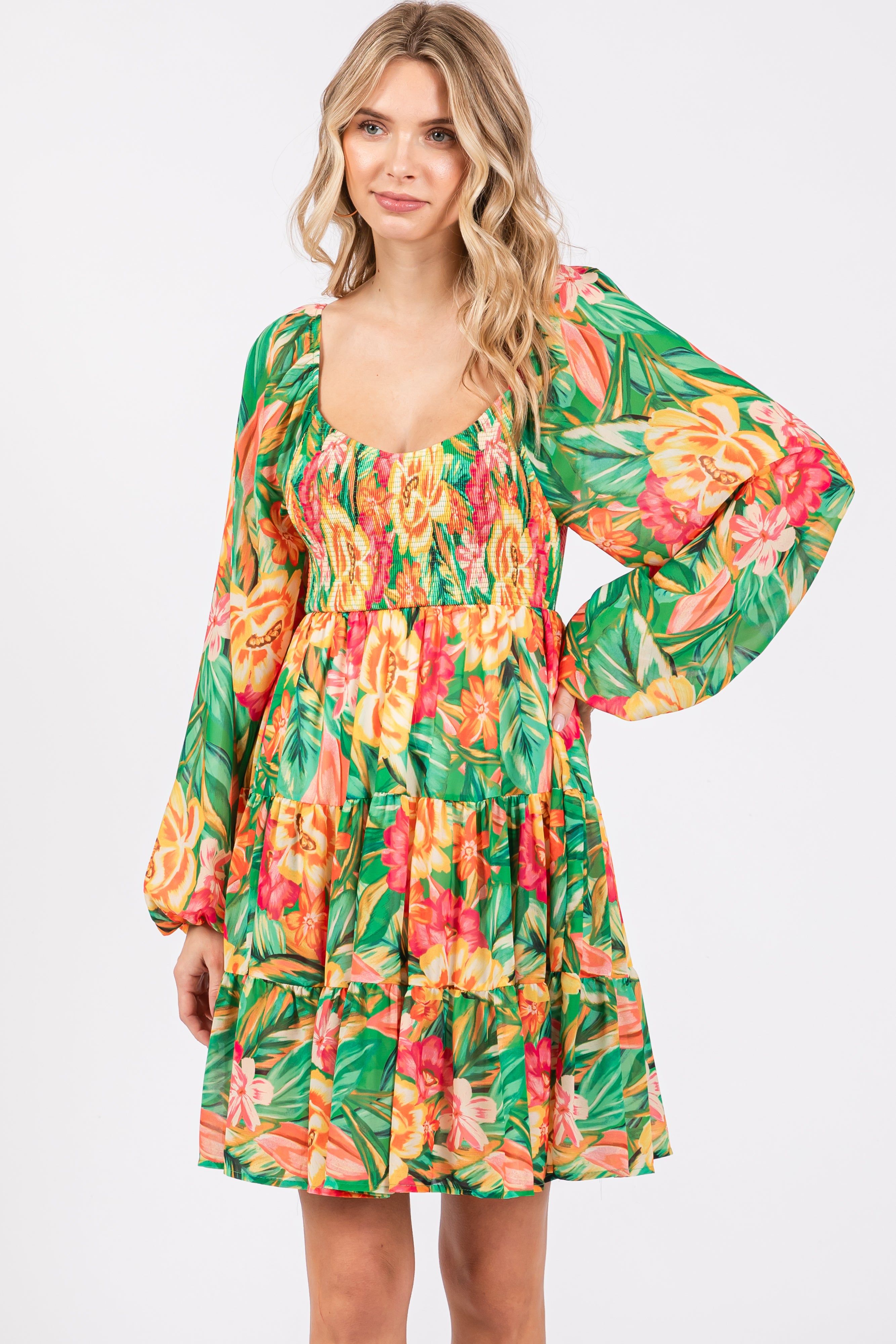 Green Tropical Floral Smocked V-Neck Midi Dress sold by Pinkblush product image thumbnail 3