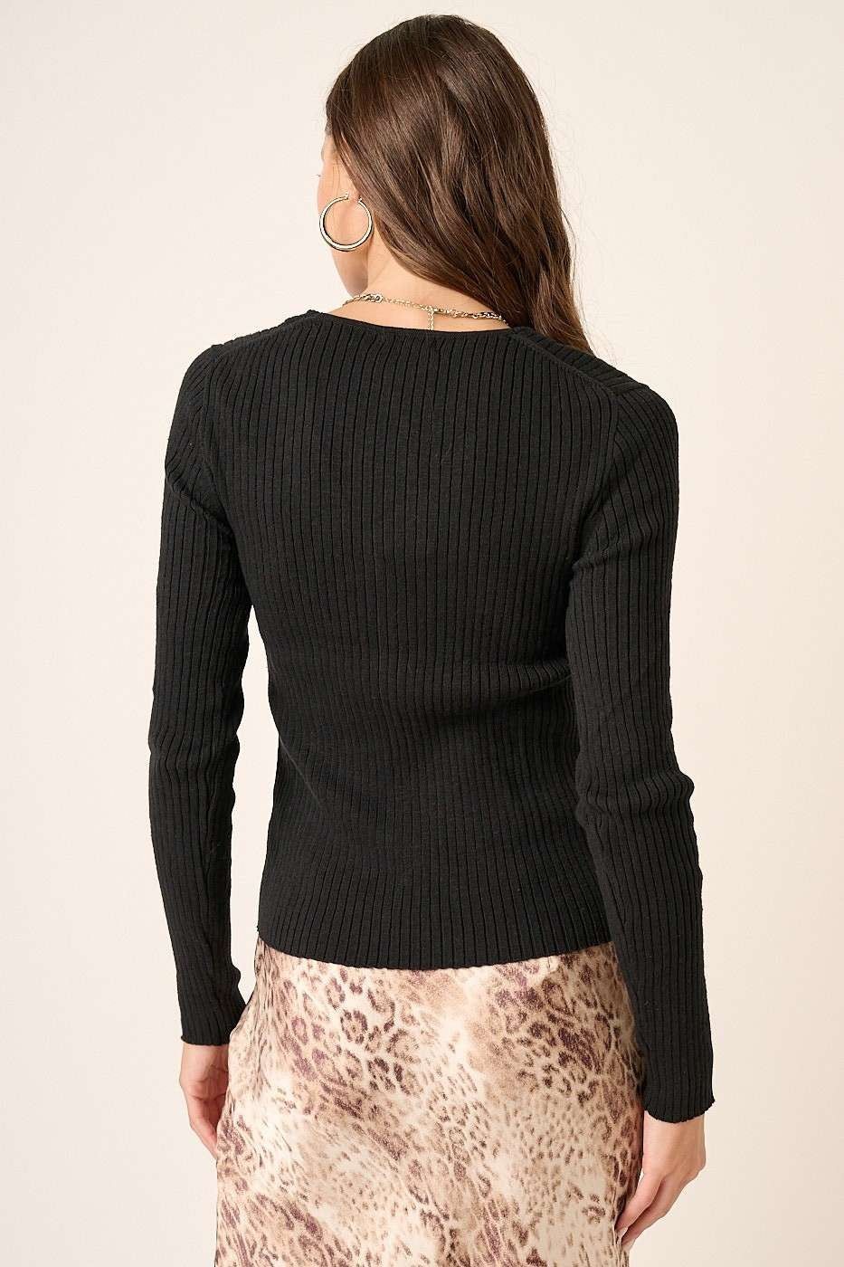 Black Rib Knit Button Front Sweater Cardigan sold by Pinkblush product image thumbnail 4
