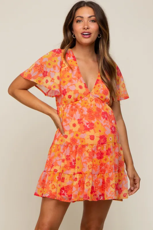 Orange Floral Chiffon Flutter Short Sleeve Lace-Up Back Maternity Dress sold by Pinkblush