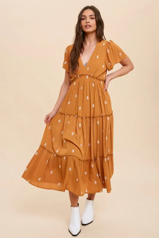 Camel Floral Embroidered Tiered Maxi Dress sold by Pinkblush