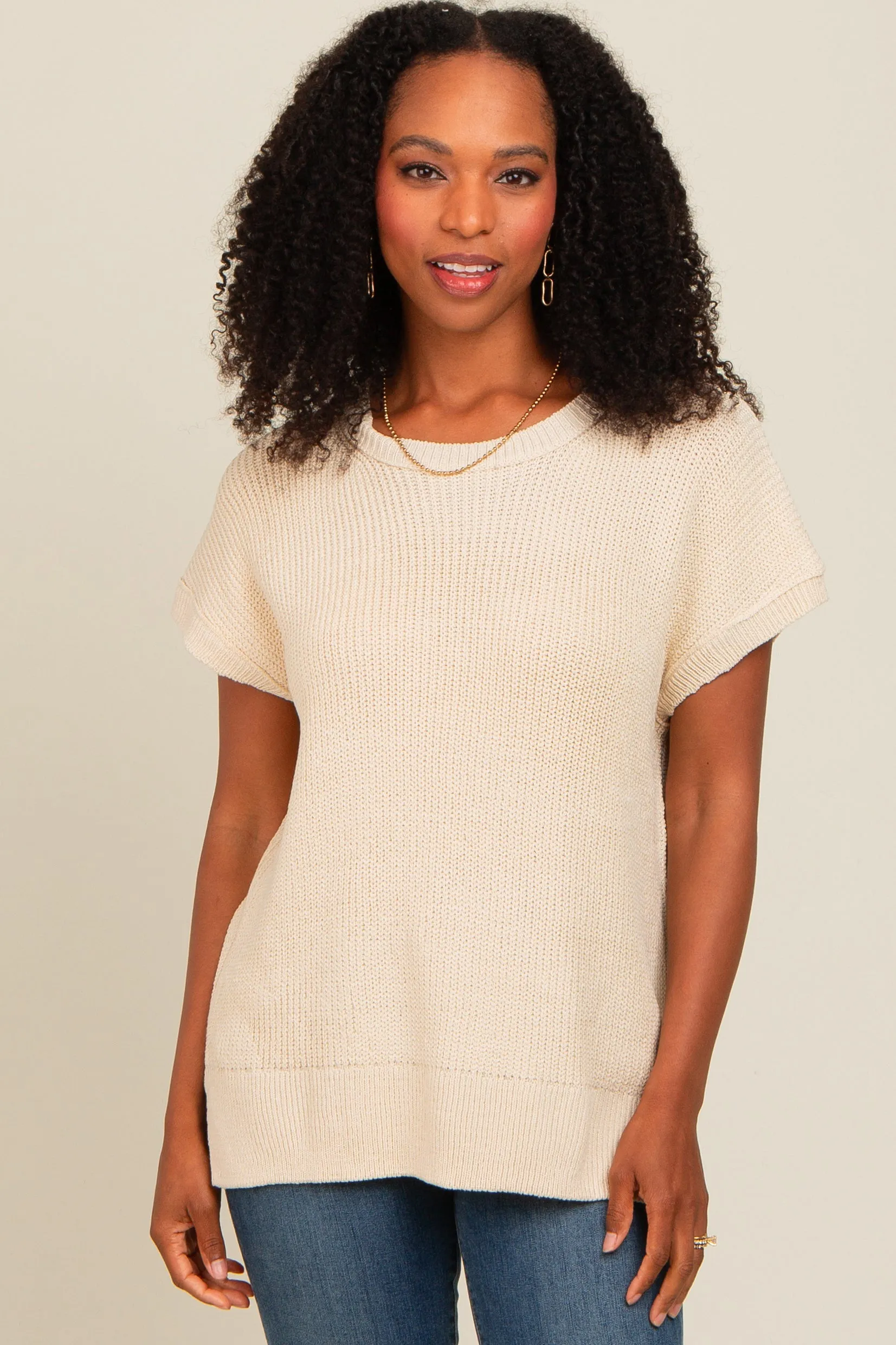 Beige Dolman Short Sleeve Side Slit Sweater Top sold by Pinkblush product image thumbnail 2