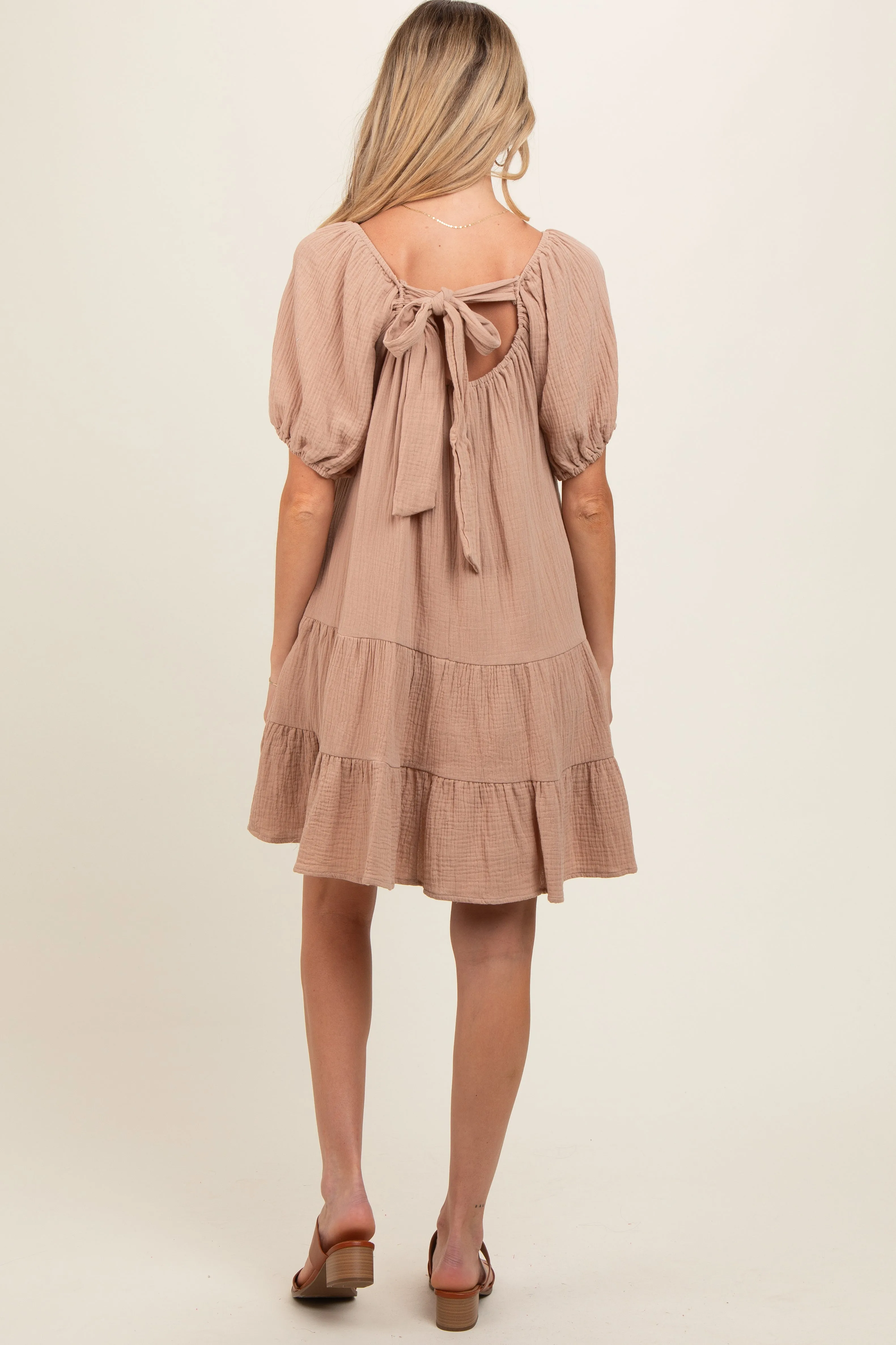 Mocha Ribbon Back Detail Puff Sleeve Maternity Mini Dress sold by Pinkblush product image thumbnail 3