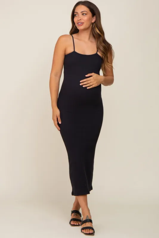 Black Ribbed Sleeveless Maternity Midi Dress sold by Pinkblush