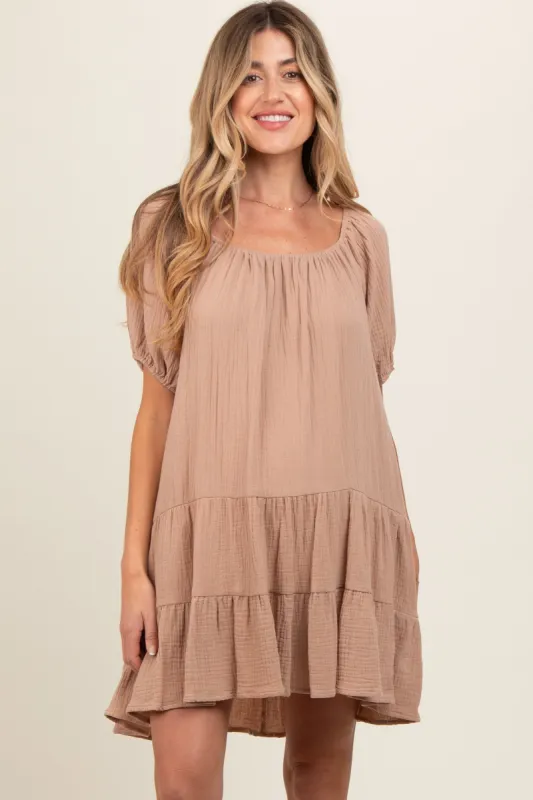 Mocha Ribbon Back Detail Puff Sleeve Maternity Mini Dress sold by Pinkblush