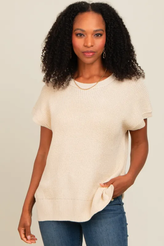 Beige Dolman Short Sleeve Side Slit Sweater Top sold by Pinkblush