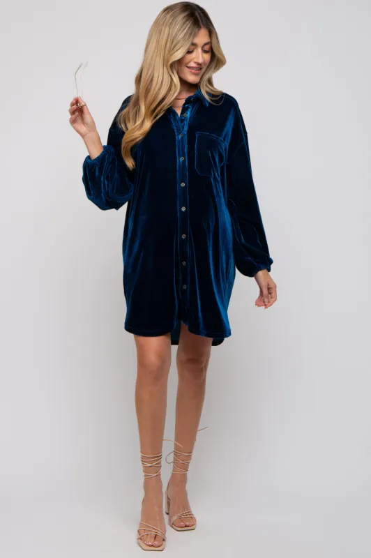 Teal Velour Button Up Long Sleeve Maternity Dress sold by Pinkblush