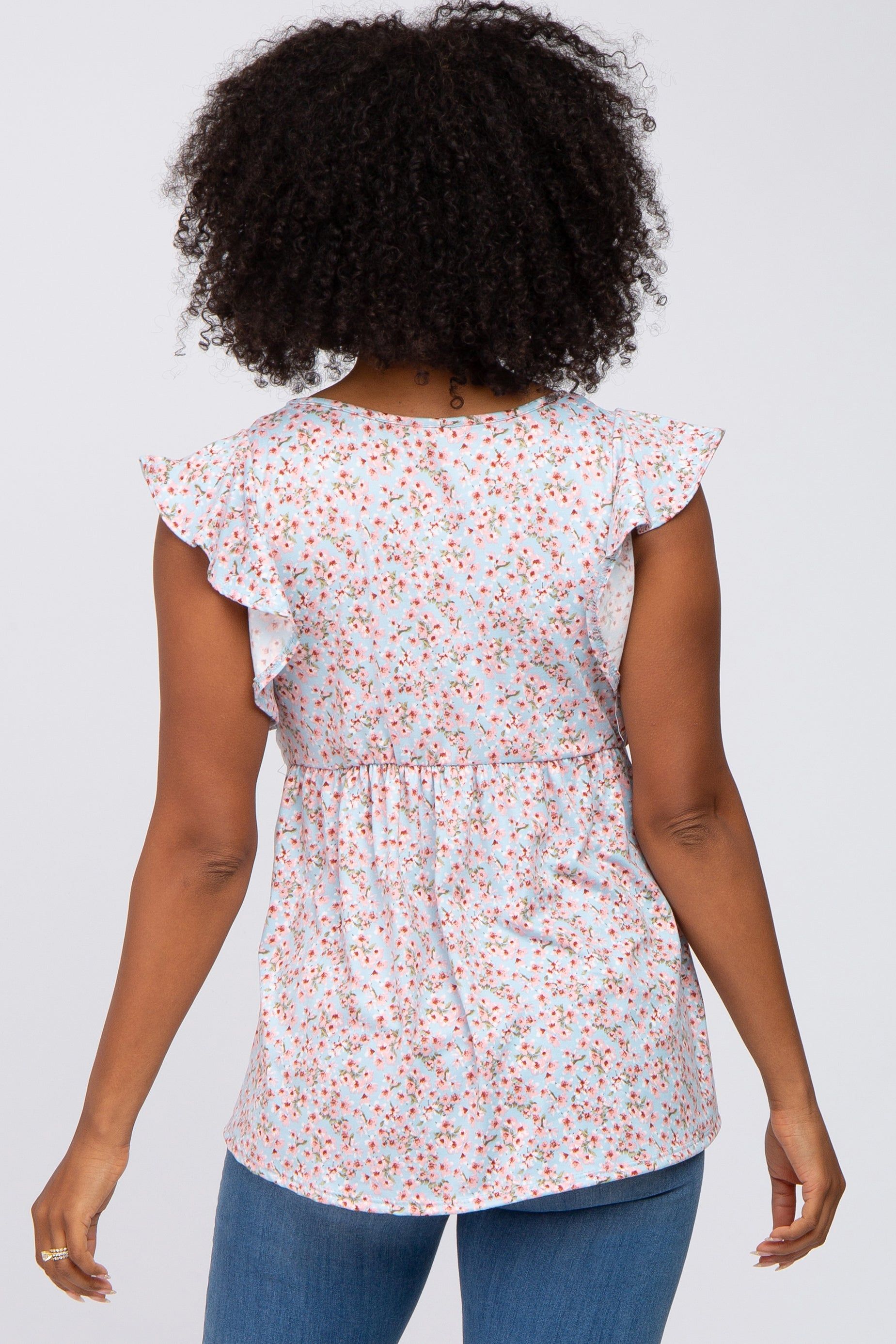 Light Blue Floral Ruffle Shoulder Babydoll Top sold by Pinkblush product image thumbnail 3