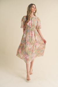 Dusty Sage Floral Bubble Sleeve Floral Print Midi Dress sold by Pinkblush