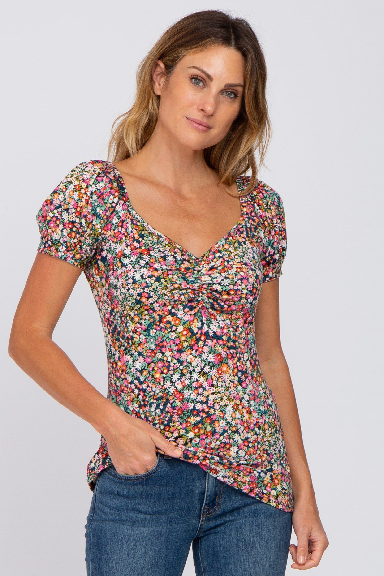 Black Floral Sweetheart Neck Top sold by Pinkblush