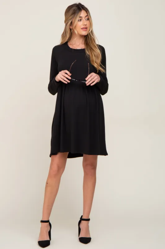 Black Ribbed Basic Long Sleeve Maternity Dress sold by Pinkblush