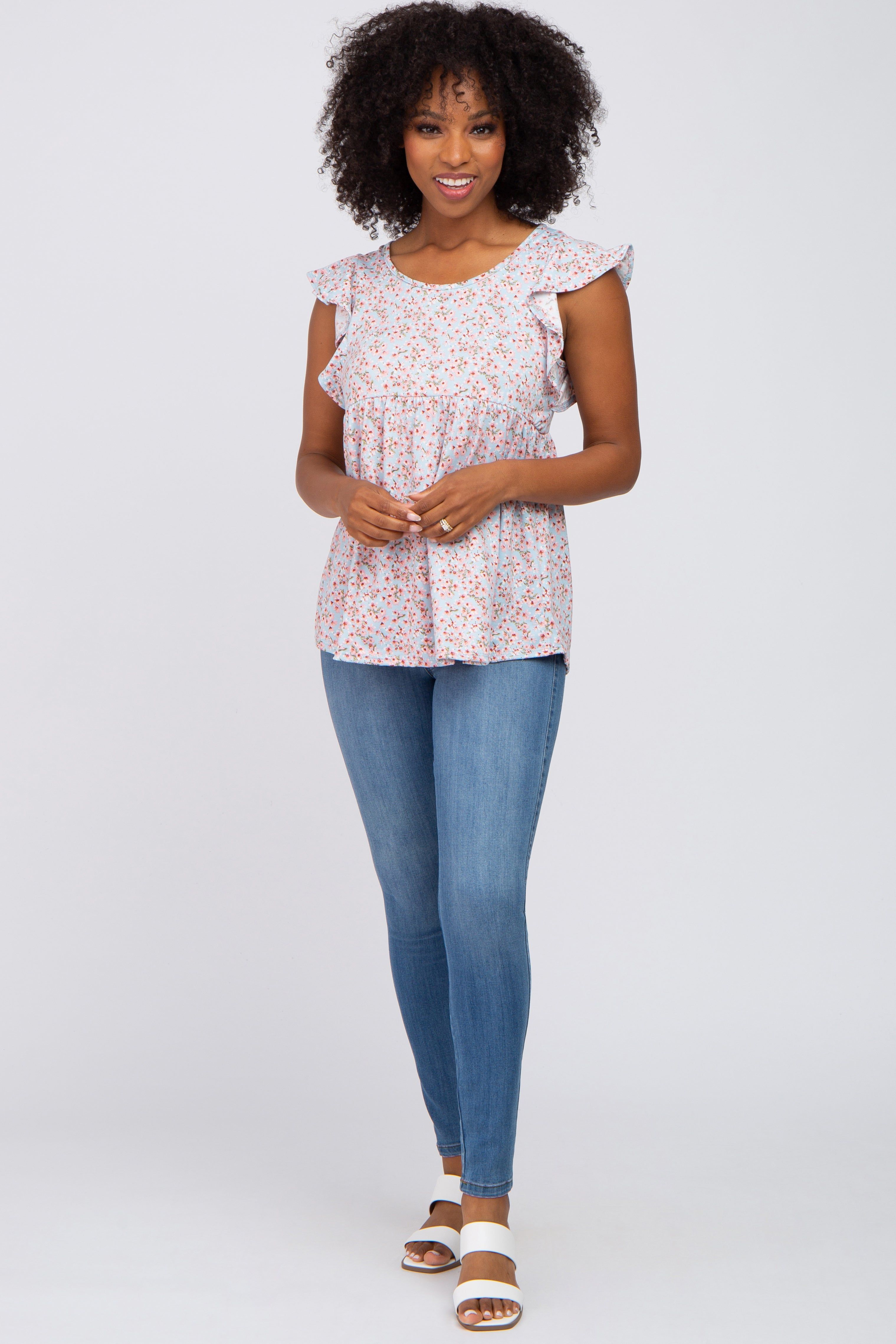 Light Blue Floral Ruffle Shoulder Babydoll Top sold by Pinkblush product image thumbnail 4