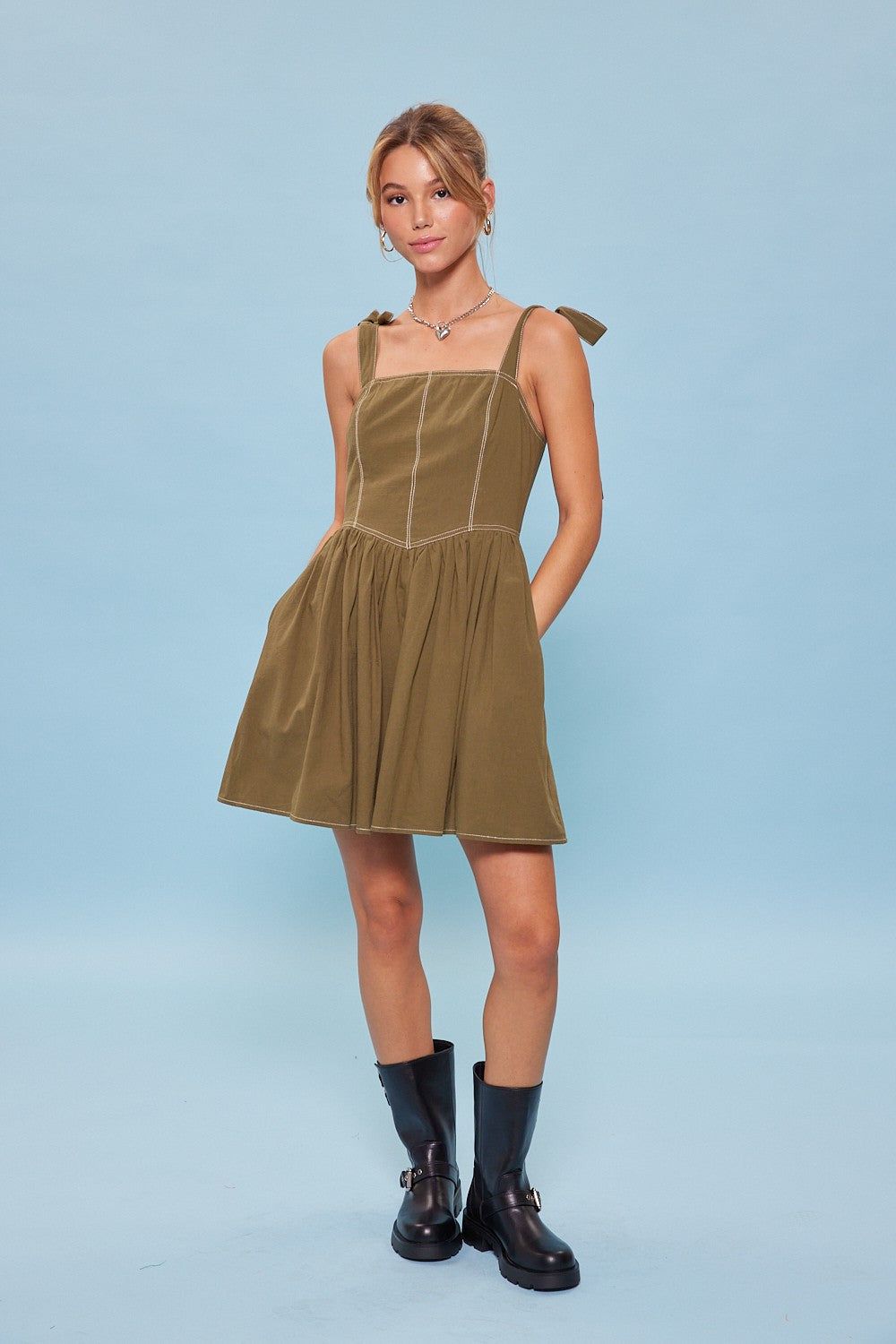 Olive Ribbon Shoulder Ties Mini Dress sold by Pinkblush product image thumbnail 4