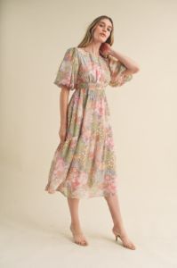 Dusty Sage Floral Bubble Sleeve Floral Print Midi Dress sold by Pinkblush