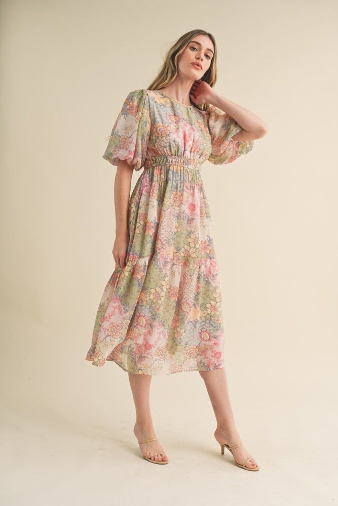Dusty Sage Floral Bubble Sleeve Floral Print Midi Dress sold by Pinkblush product image thumbnail 2