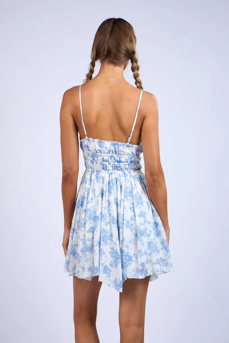 Blue Plaid Floral V-Neck Lace Trim Ruched Waist Mini Dress sold by Pinkblush product image thumbnail 5