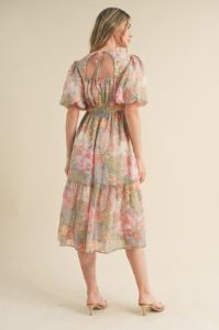 Dusty Sage Floral Bubble Sleeve Floral Print Midi Dress sold by Pinkblush