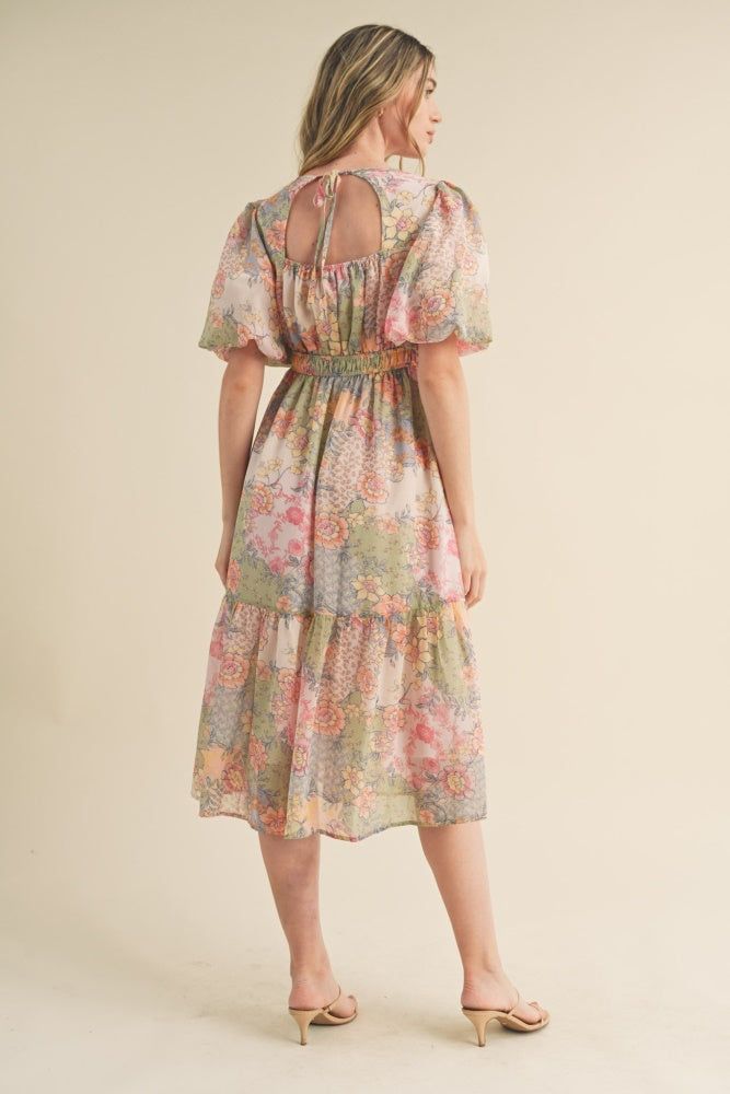 Dusty Sage Floral Bubble Sleeve Floral Print Midi Dress sold by Pinkblush product image thumbnail 3