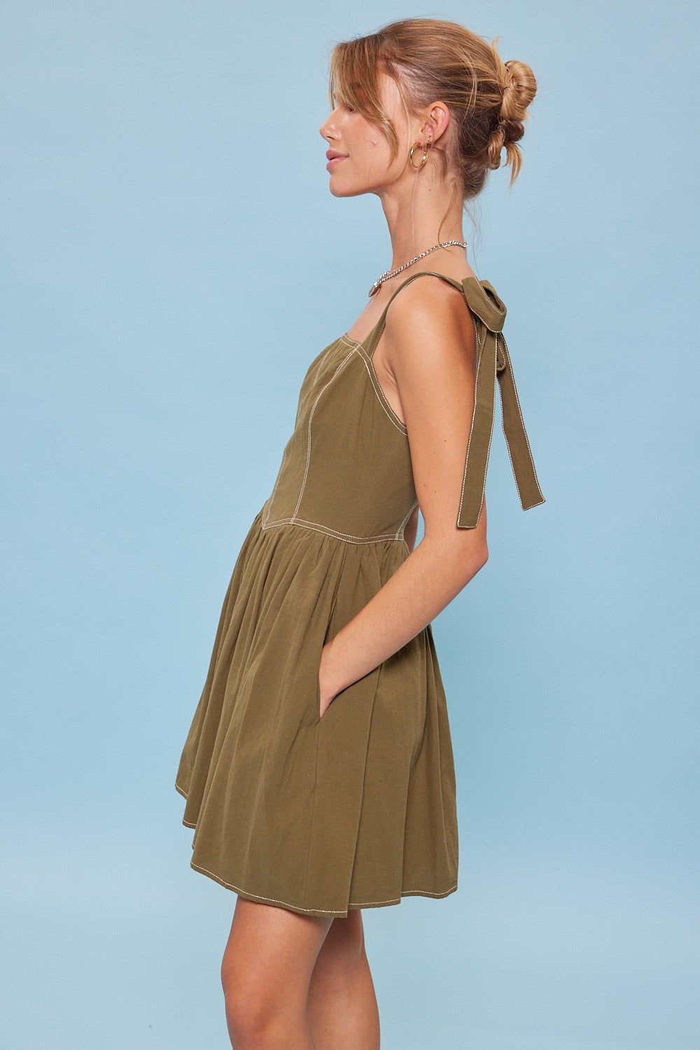 Olive Ribbon Shoulder Ties Mini Dress sold by Pinkblush product image thumbnail 2