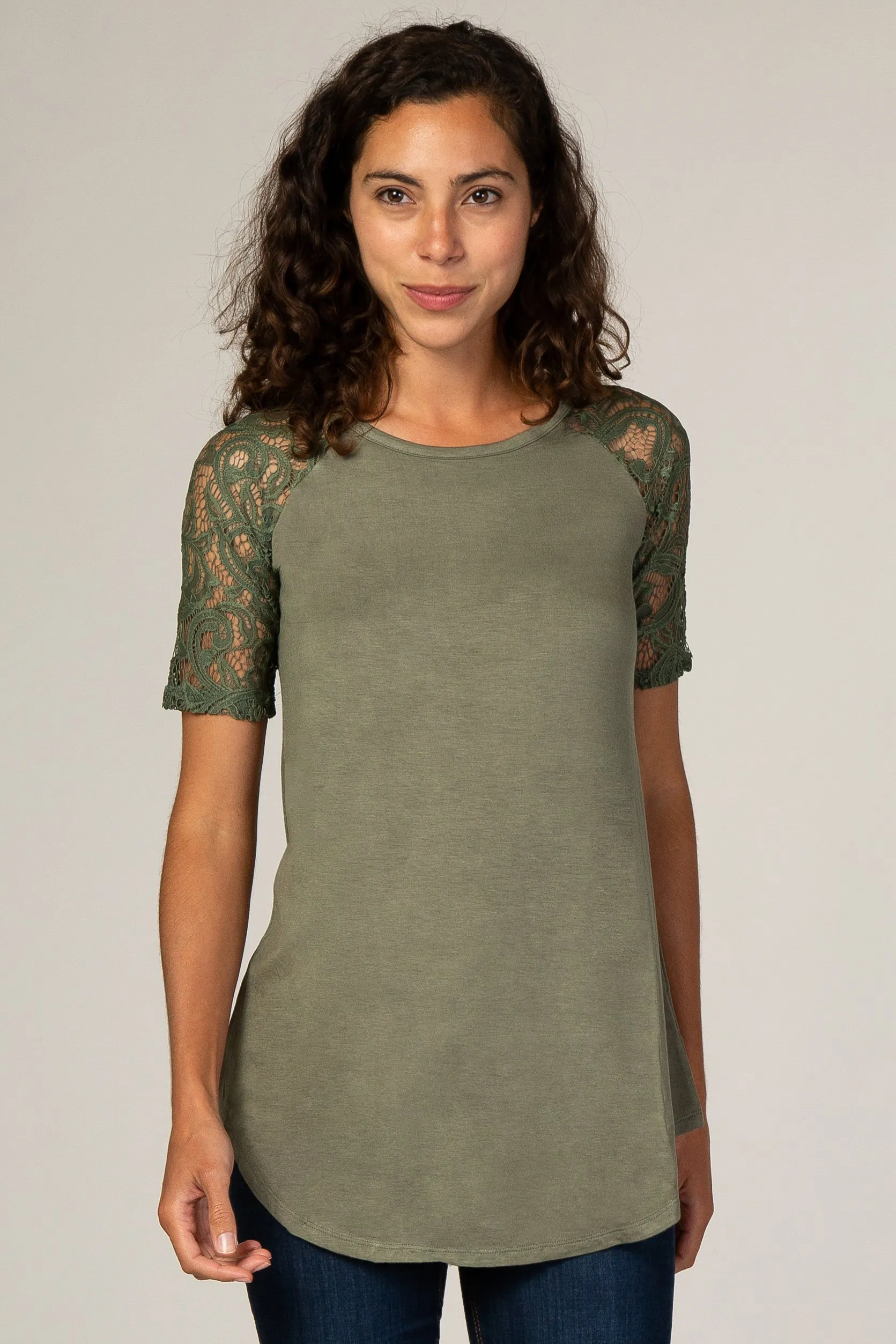 Olive Lace Sleeve Short Sleeve Top sold by Pinkblush
