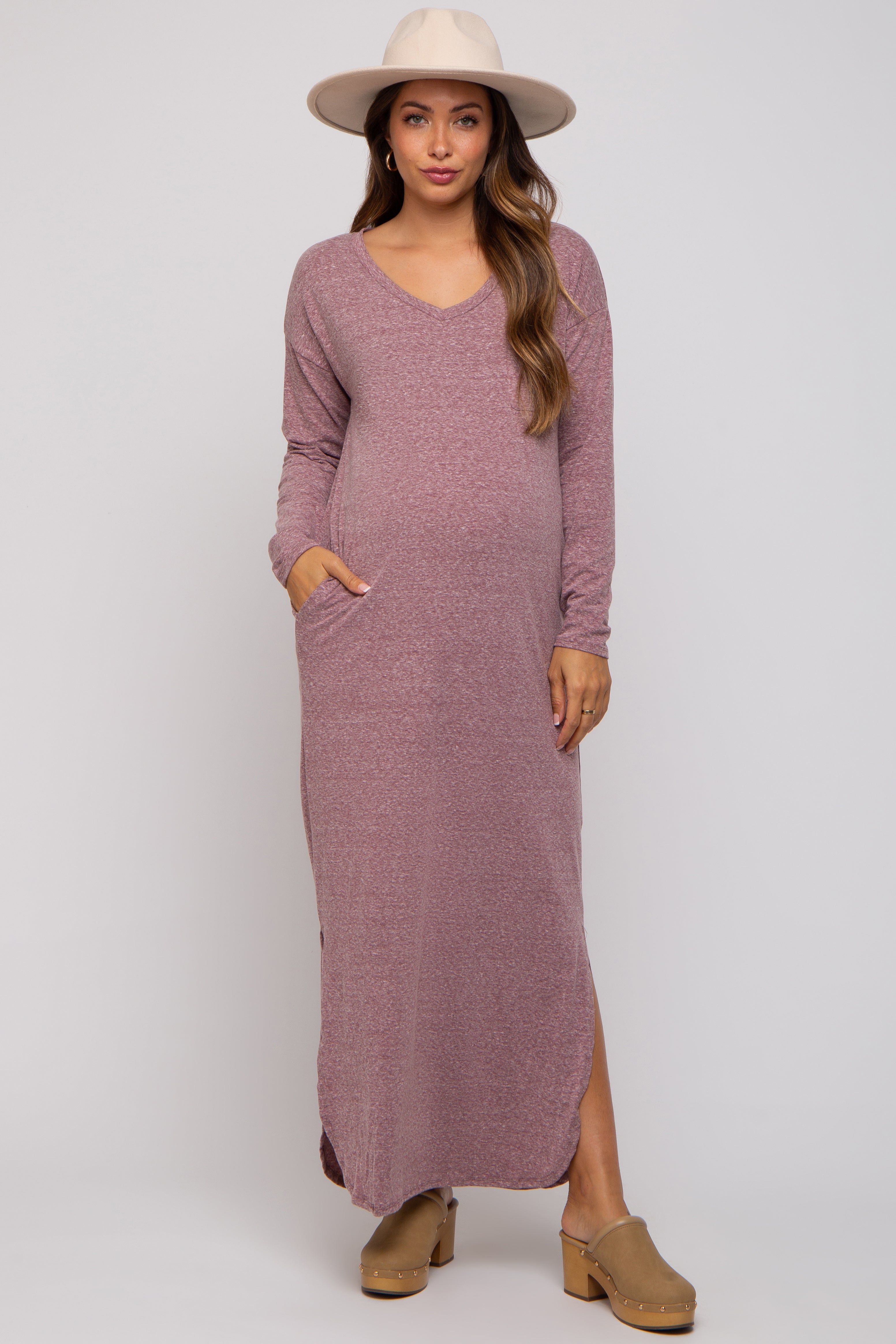 Plum Heathered Pocketed Long Sleeve Maternity Maxi Dress sold by Pinkblush product image thumbnail 4