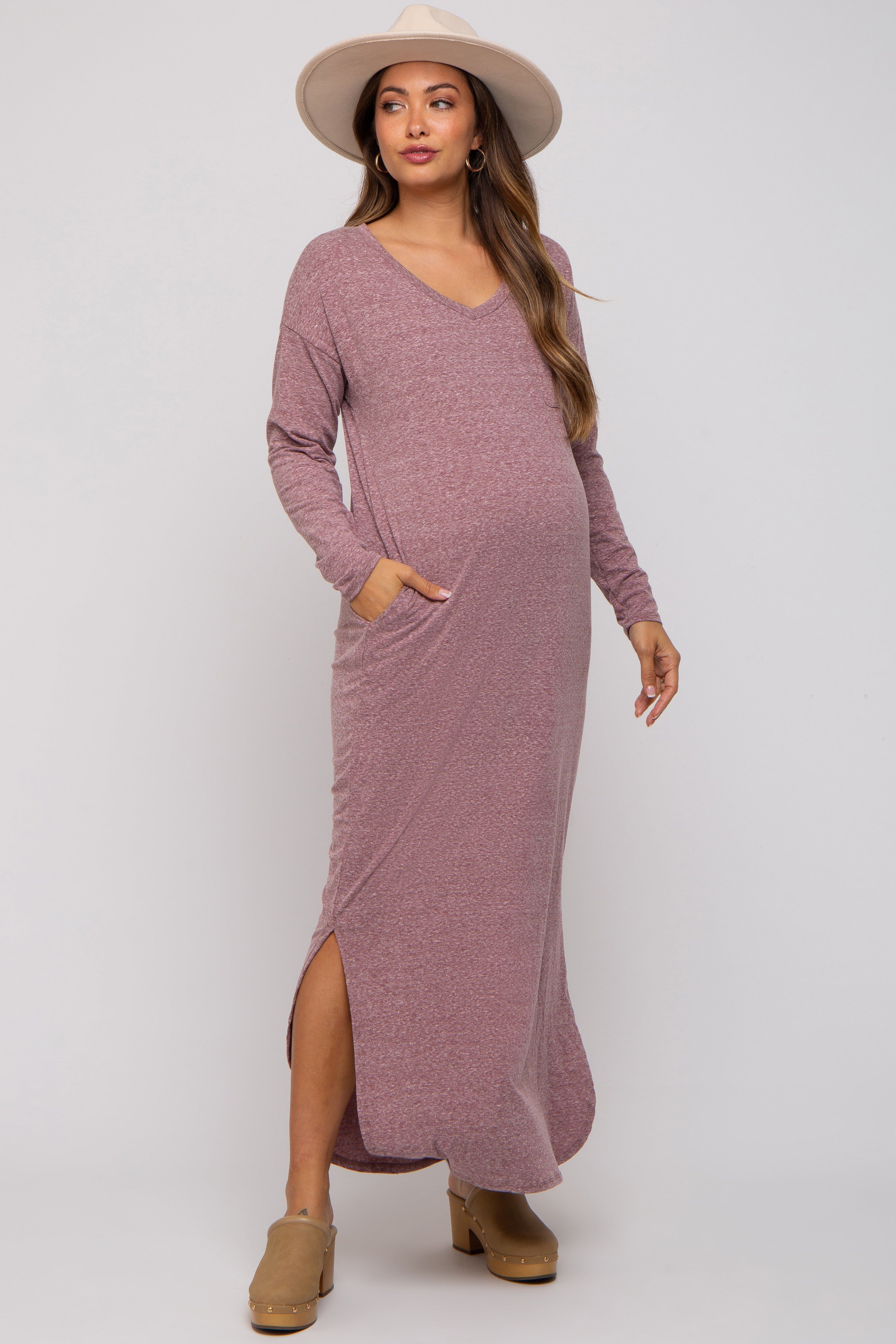 Plum Heathered Pocketed Long Sleeve Maternity Maxi Dress sold by Pinkblush
