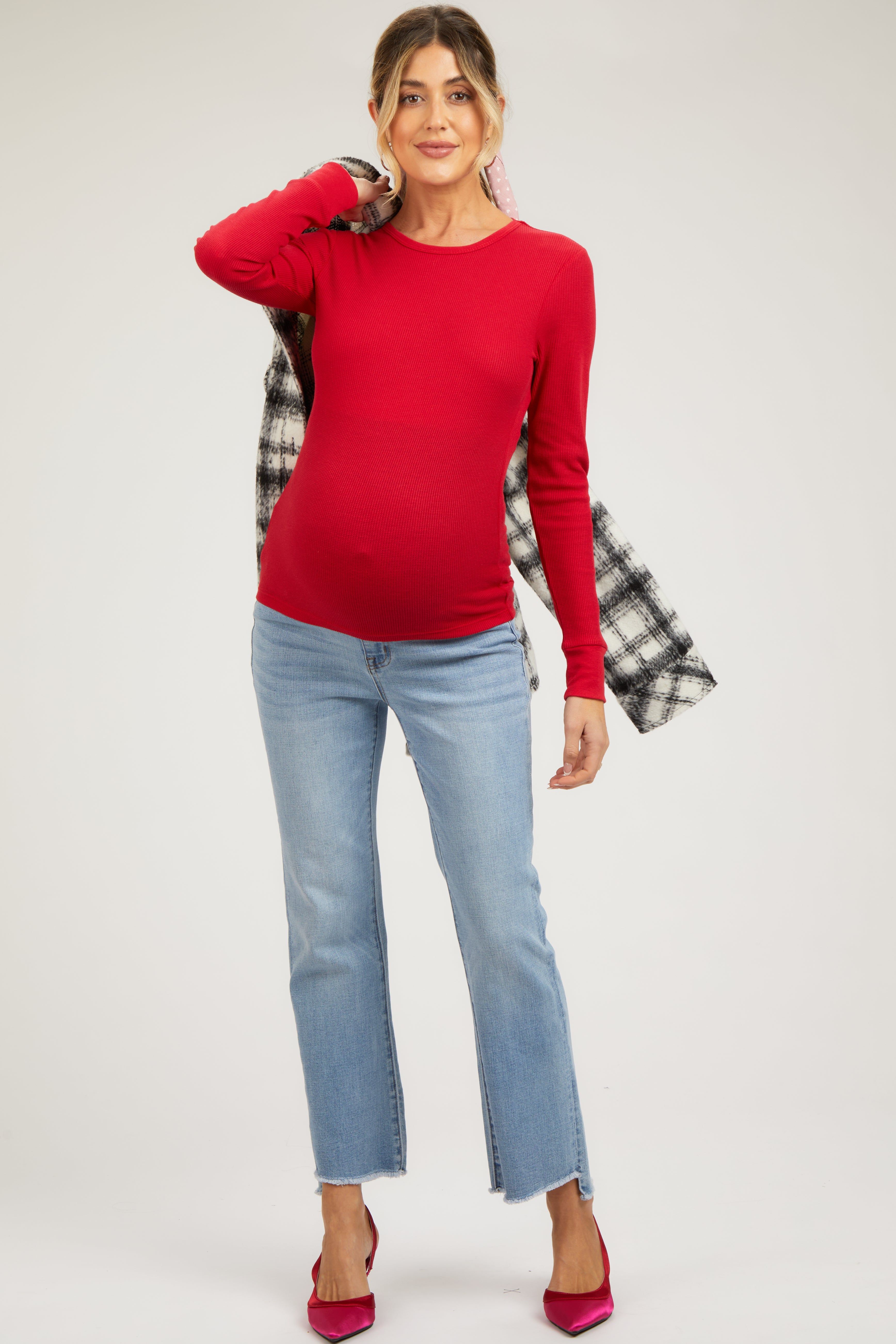 Red Waffle Knit Basic Long Sleeve Maternity Top sold by Pinkblush product image thumbnail 4