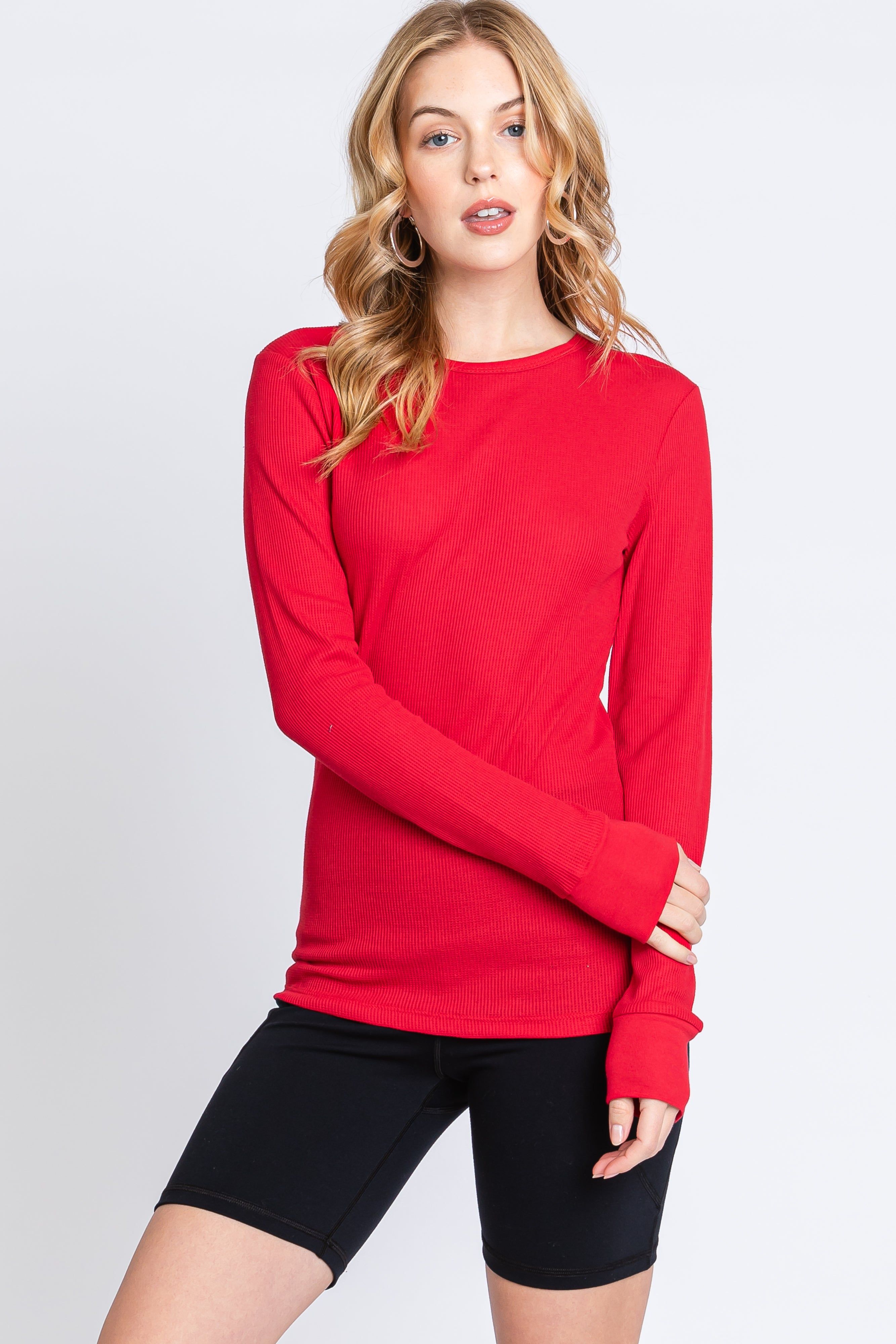 Red Waffle Knit Basic Long Sleeve Maternity Top sold by Pinkblush product image thumbnail 5