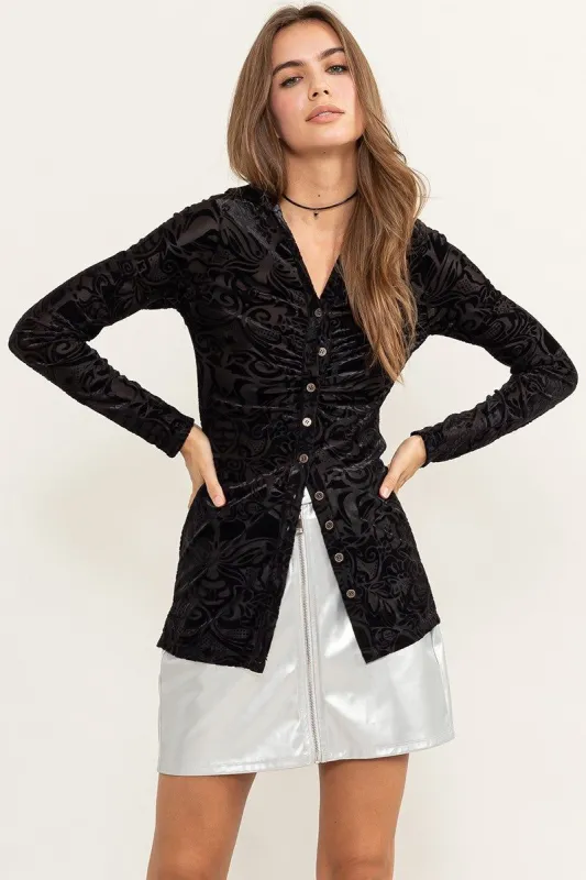 Black Burnout Velvet Ruched Shirt sold by Pinkblush