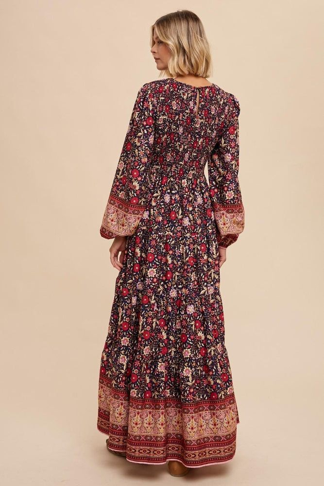 Navy Blue Floral Smocked Tiered Maxi Dress sold by Pinkblush product image thumbnail 3
