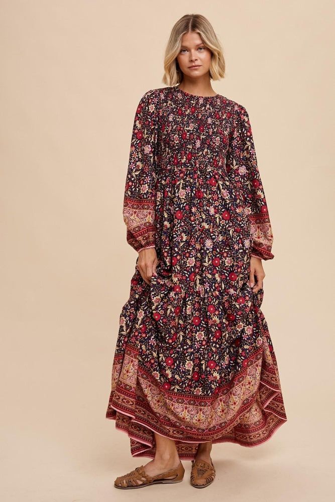 Navy Blue Floral Smocked Tiered Maxi Dress sold by Pinkblush product image thumbnail 4