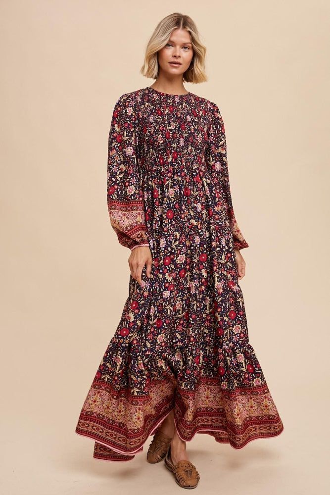 Navy Blue Floral Smocked Tiered Maxi Dress sold by Pinkblush