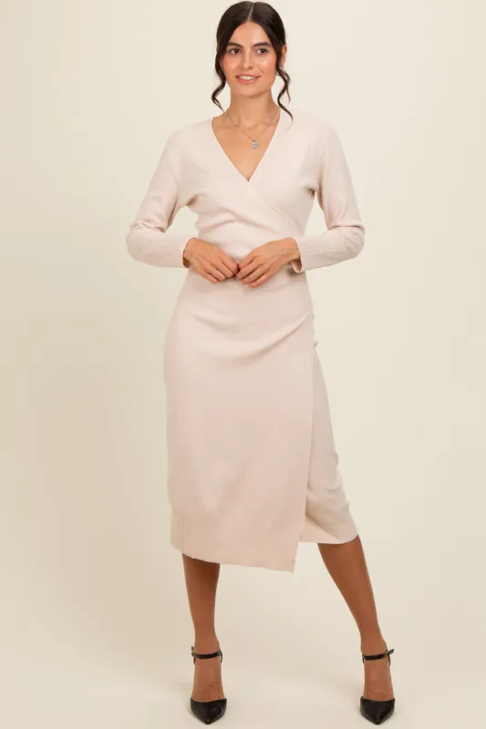 Cream Knit Crossover Ruched Midi Dress sold by Pinkblush