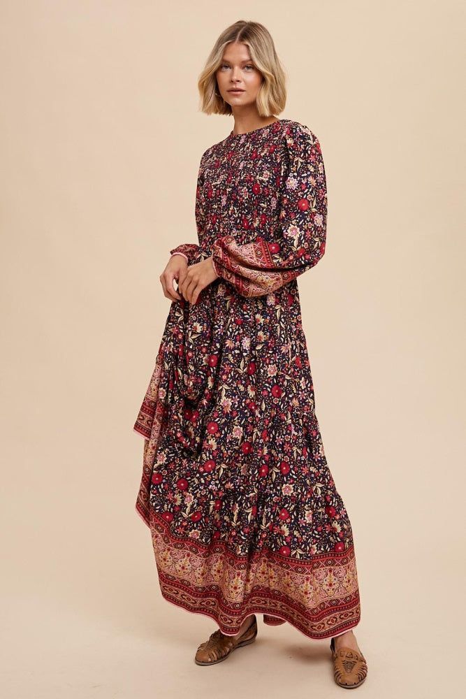 Navy Blue Floral Smocked Tiered Maxi Dress sold by Pinkblush product image thumbnail 2