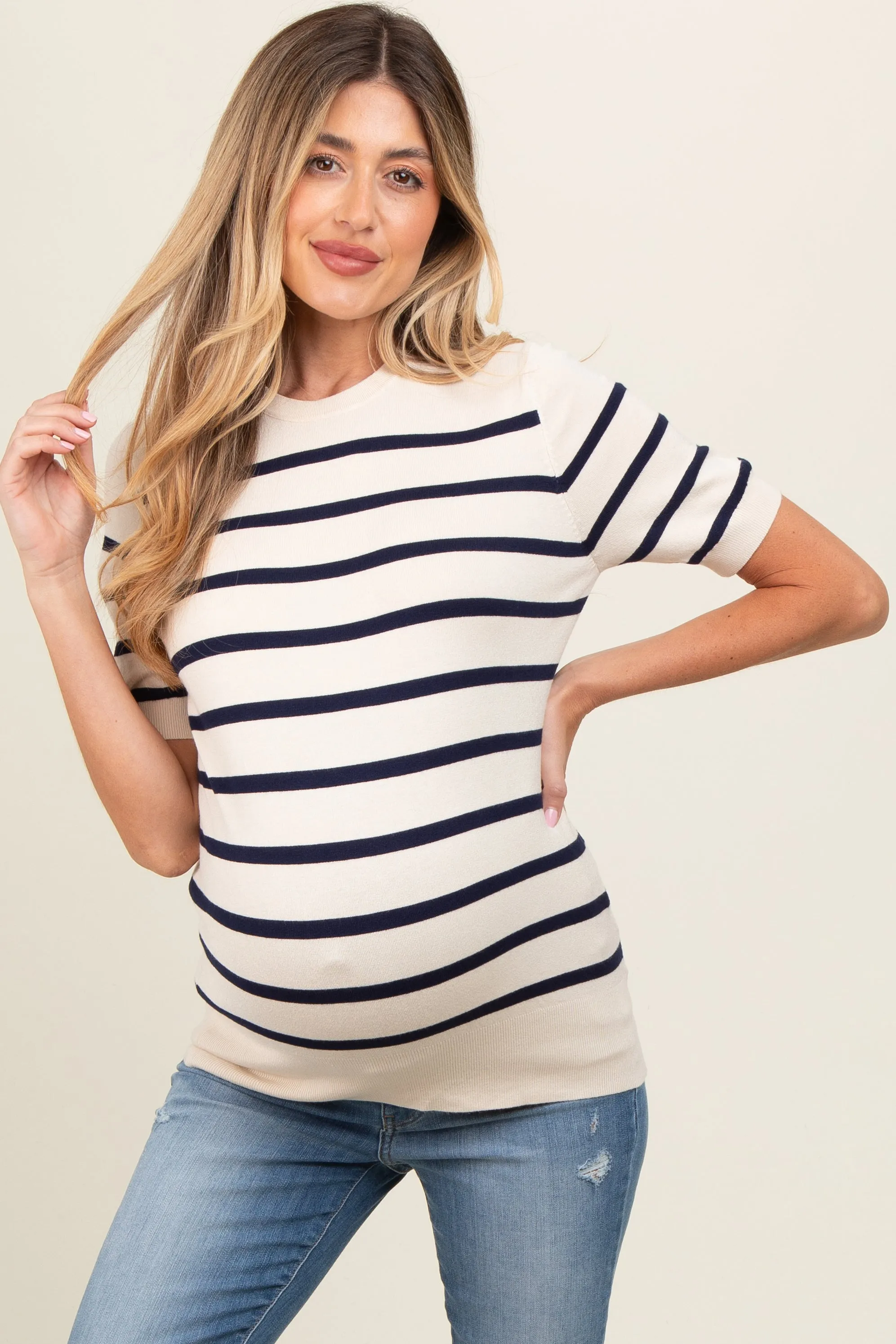 Navy Blue Striped Knit Maternity Short Sleeve Top sold by Pinkblush product image thumbnail 2