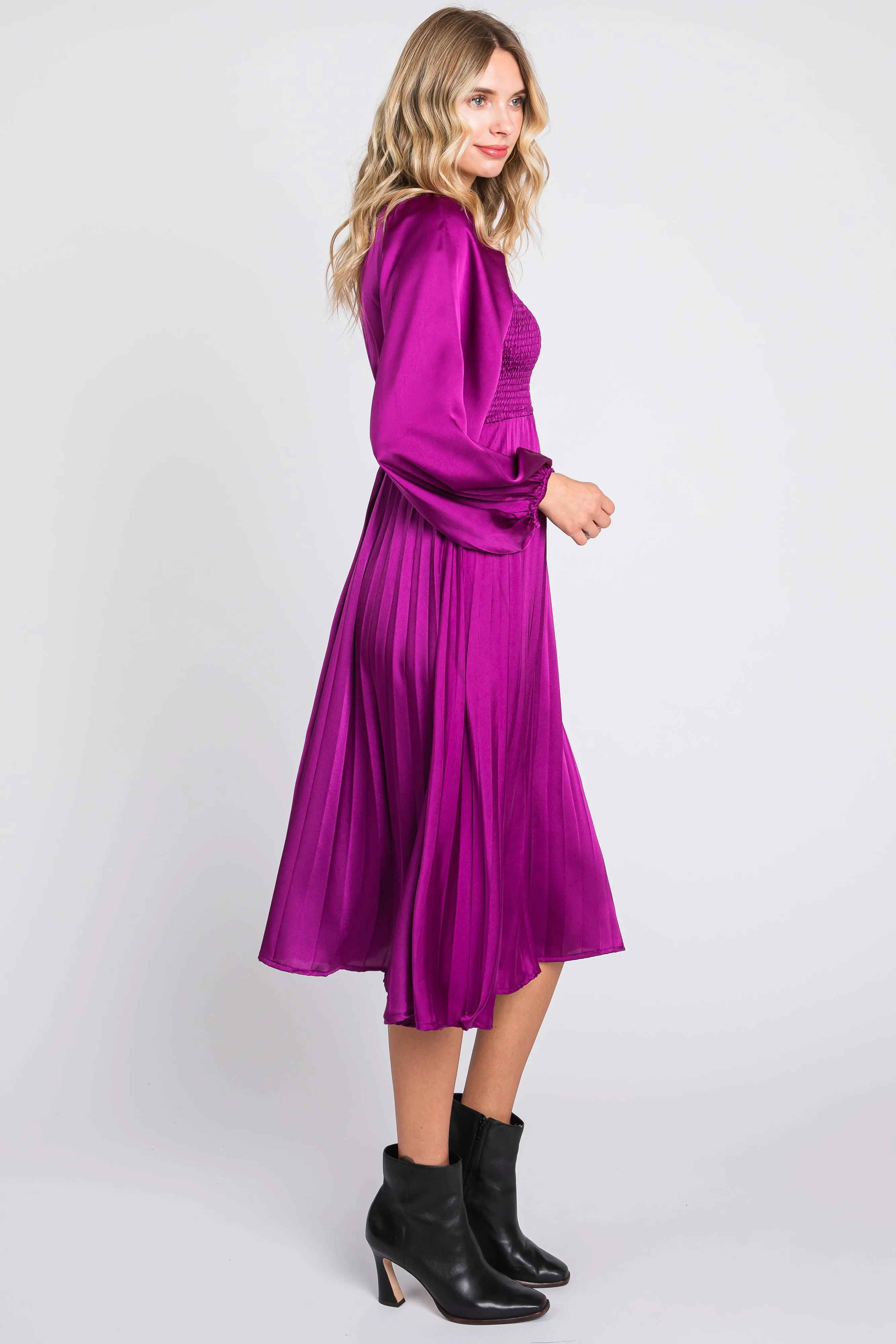 Purple Satin Smocked and Pleated Midi Dress sold by Pinkblush product image thumbnail 2