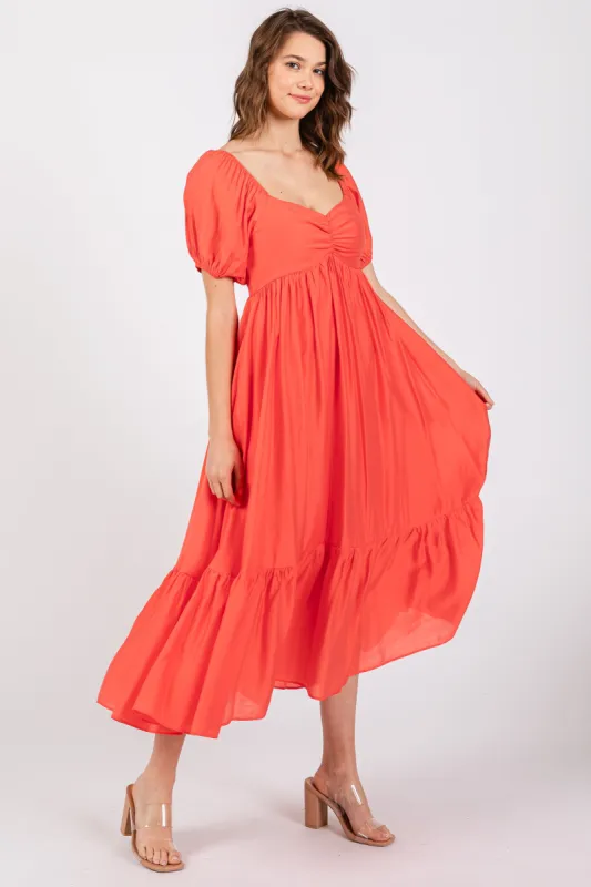 Red Front Ruched Smocked Puff Sleeve Dress sold by Pinkblush