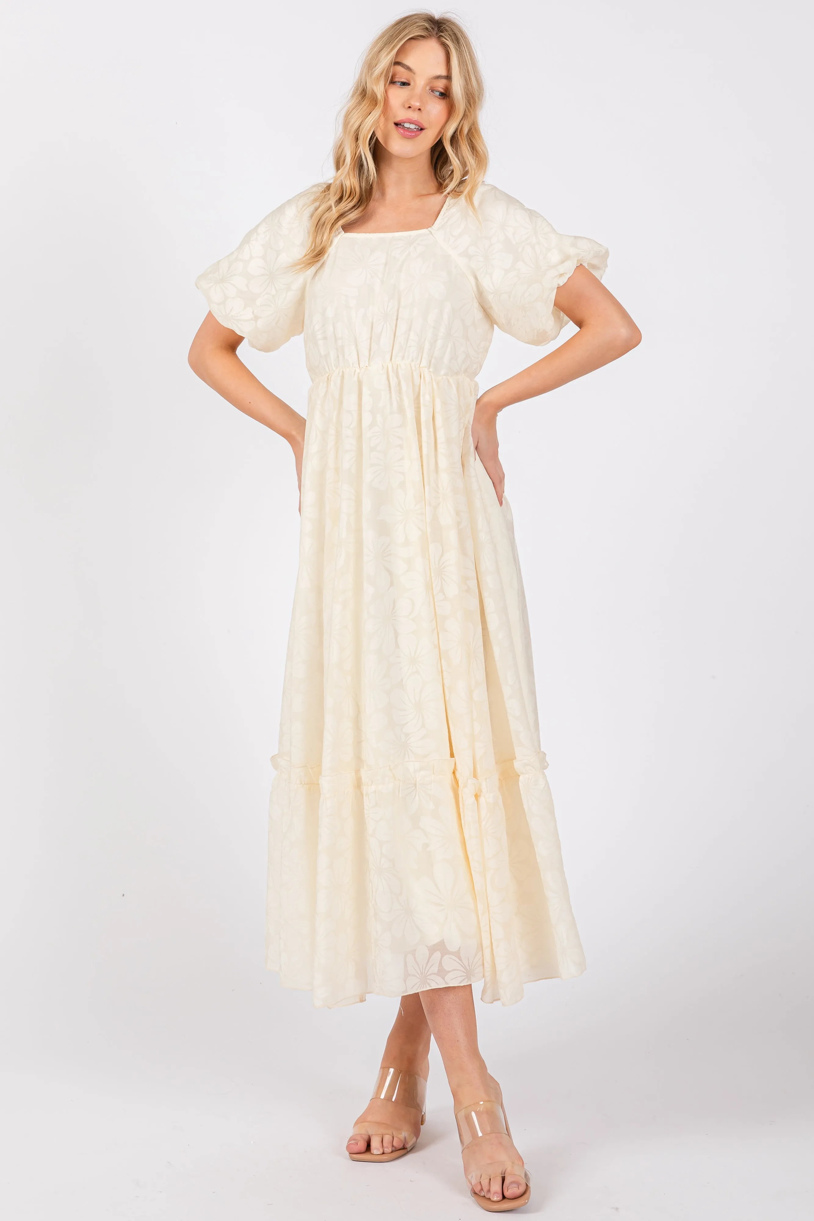 Cream Floral Square Neck Bubble Sleeve Maternity Maxi Dress sold by Pinkblush product image thumbnail 5