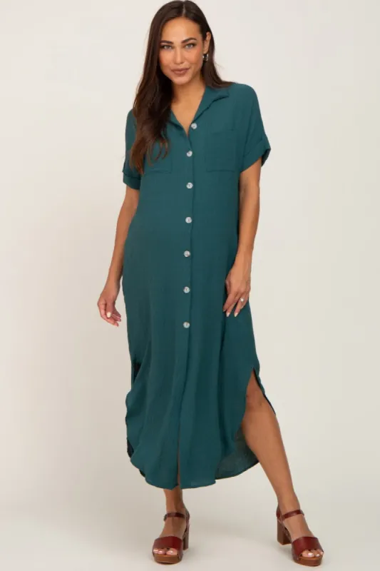 Forest Green Button Down Hi Low Maternity Maxi Dress sold by Pinkblush