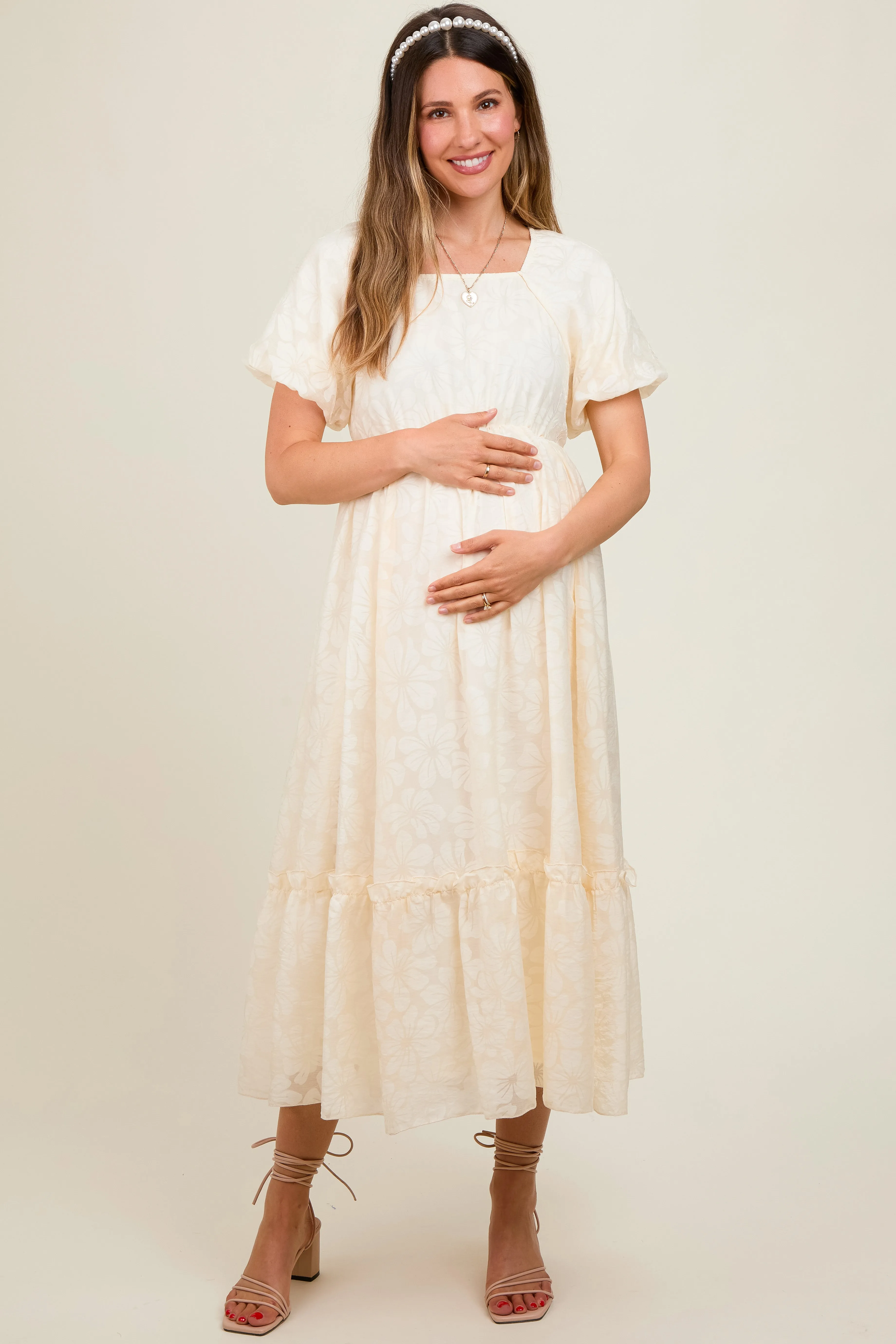 Cream Floral Square Neck Bubble Sleeve Maternity Maxi Dress sold by Pinkblush product image thumbnail 2