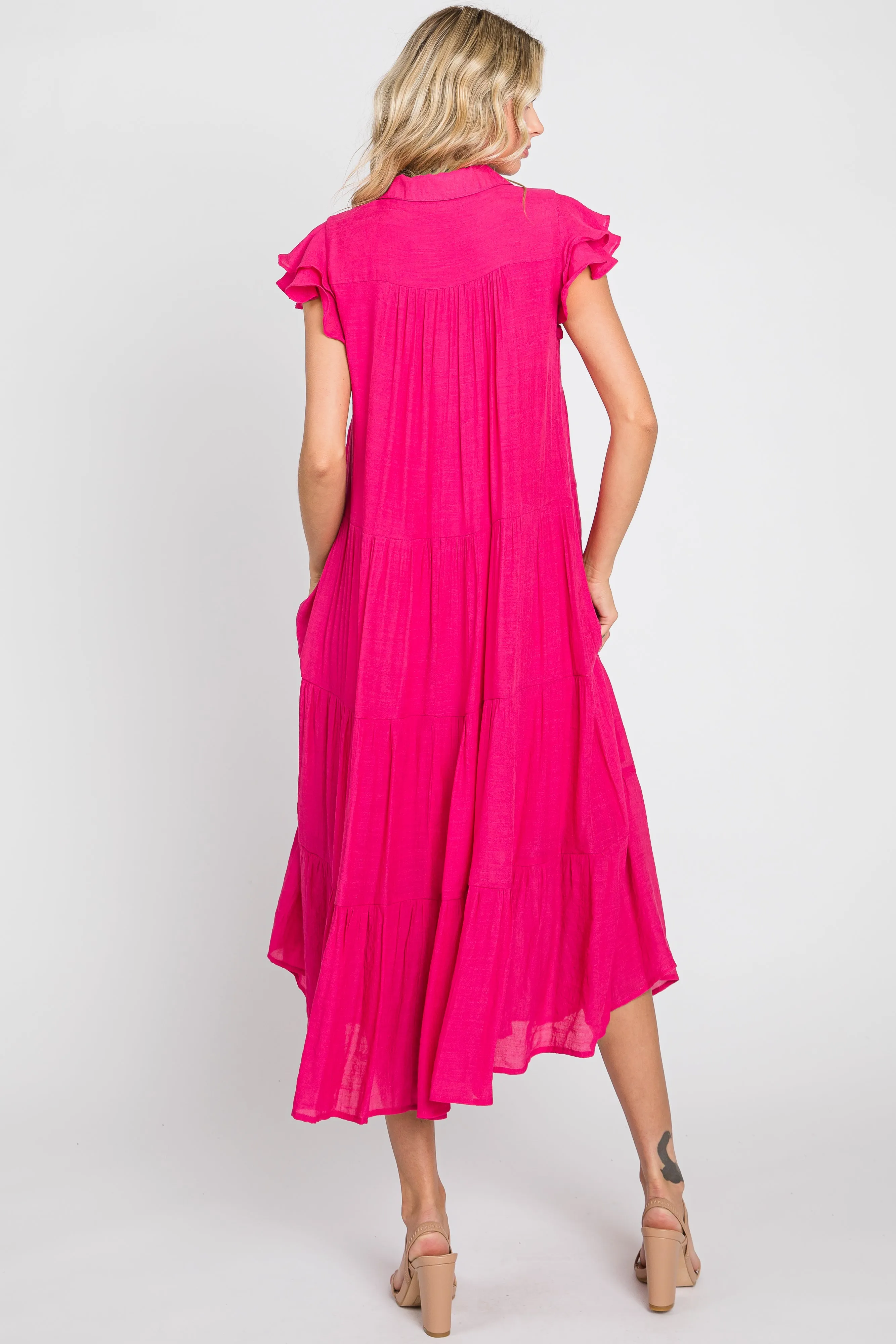 Fuchsia Flutter Sleeve Tiered Midi Dress sold by Pinkblush product image thumbnail 5
