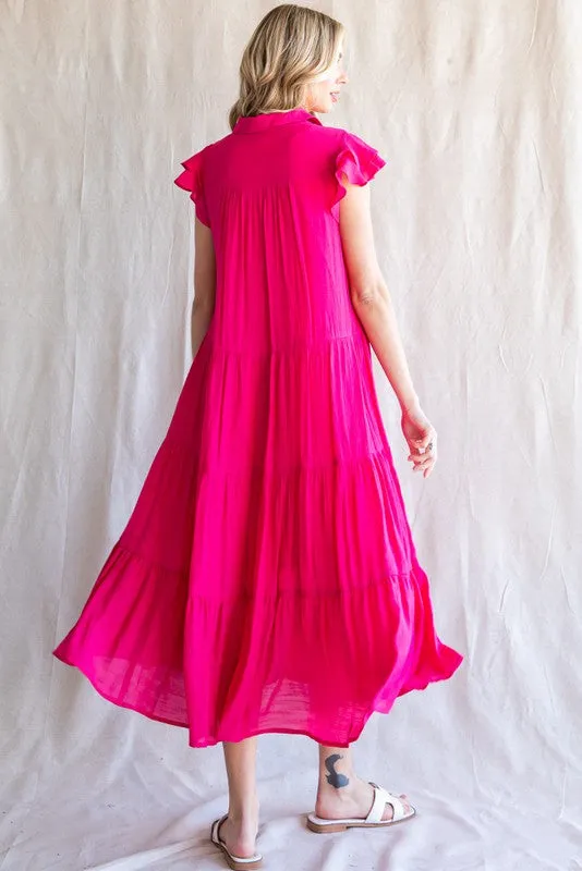 Fuchsia Flutter Sleeve Tiered Midi Dress sold by Pinkblush product image thumbnail 2