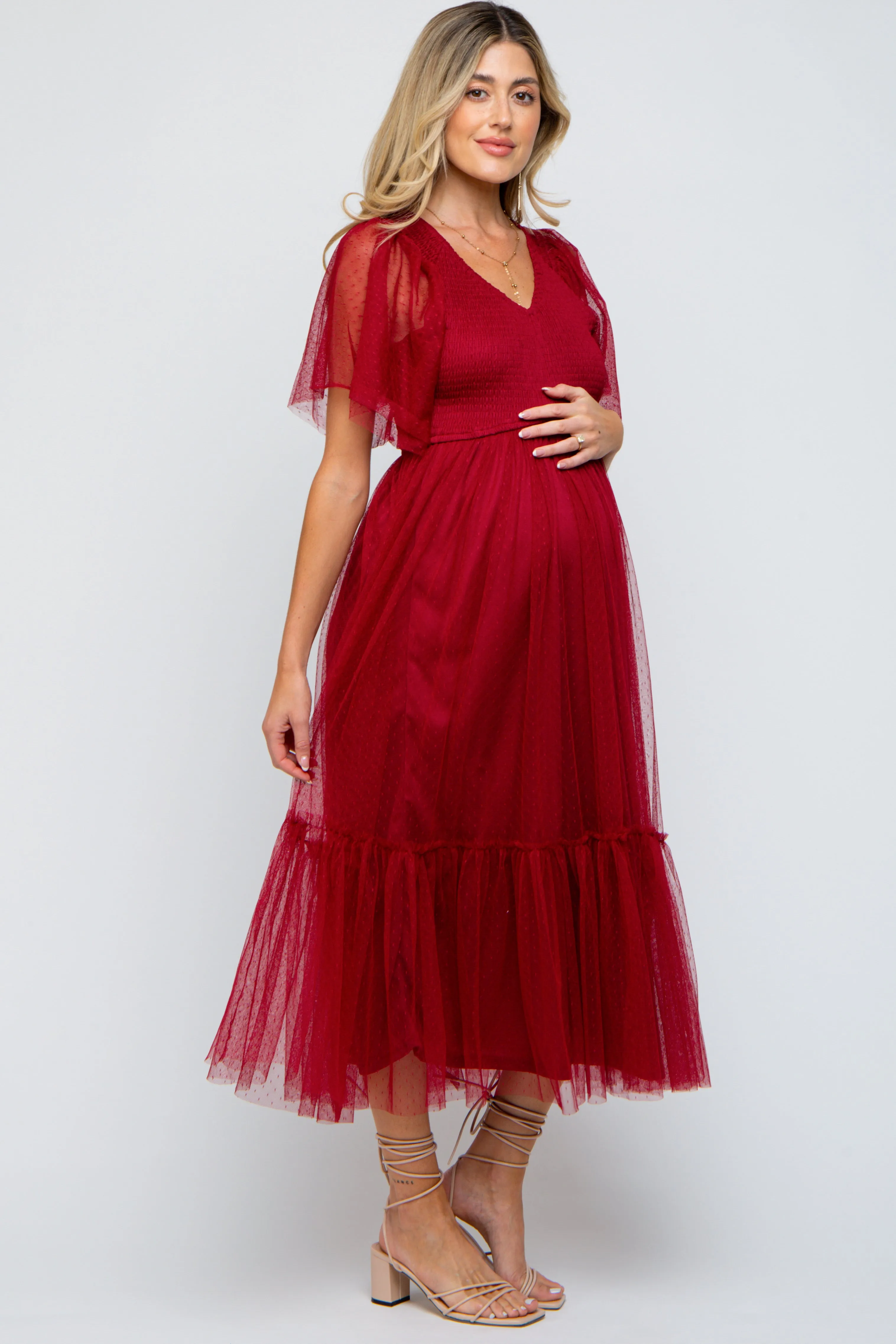 Burgundy Dotted Tulle Smocked Maternity Midi Dress sold by Pinkblush product image thumbnail 3