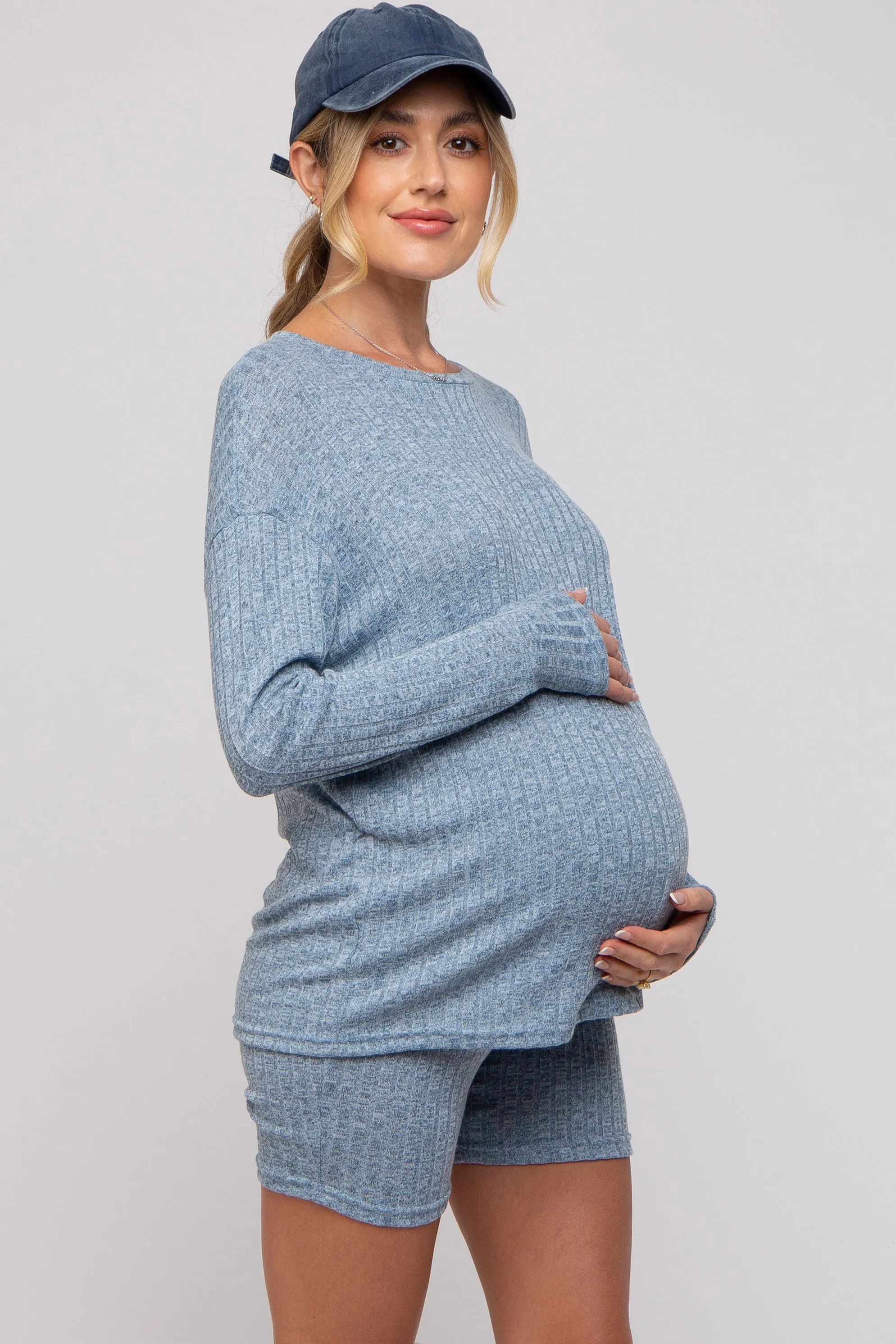 Blue Ribbed Long Sleeve Maternity Shorts Set sold by Pinkblush product image thumbnail 3