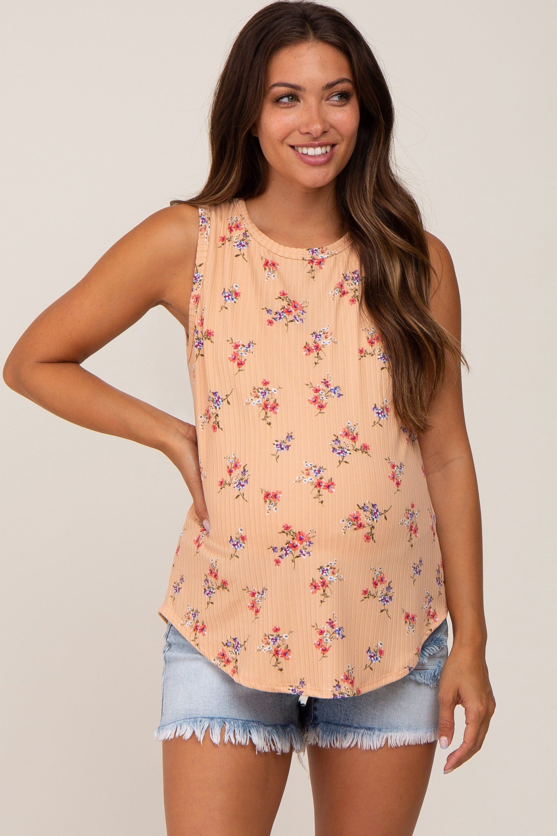 Peach Floral Ribbed Sleeveless Maternity Top sold by Pinkblush