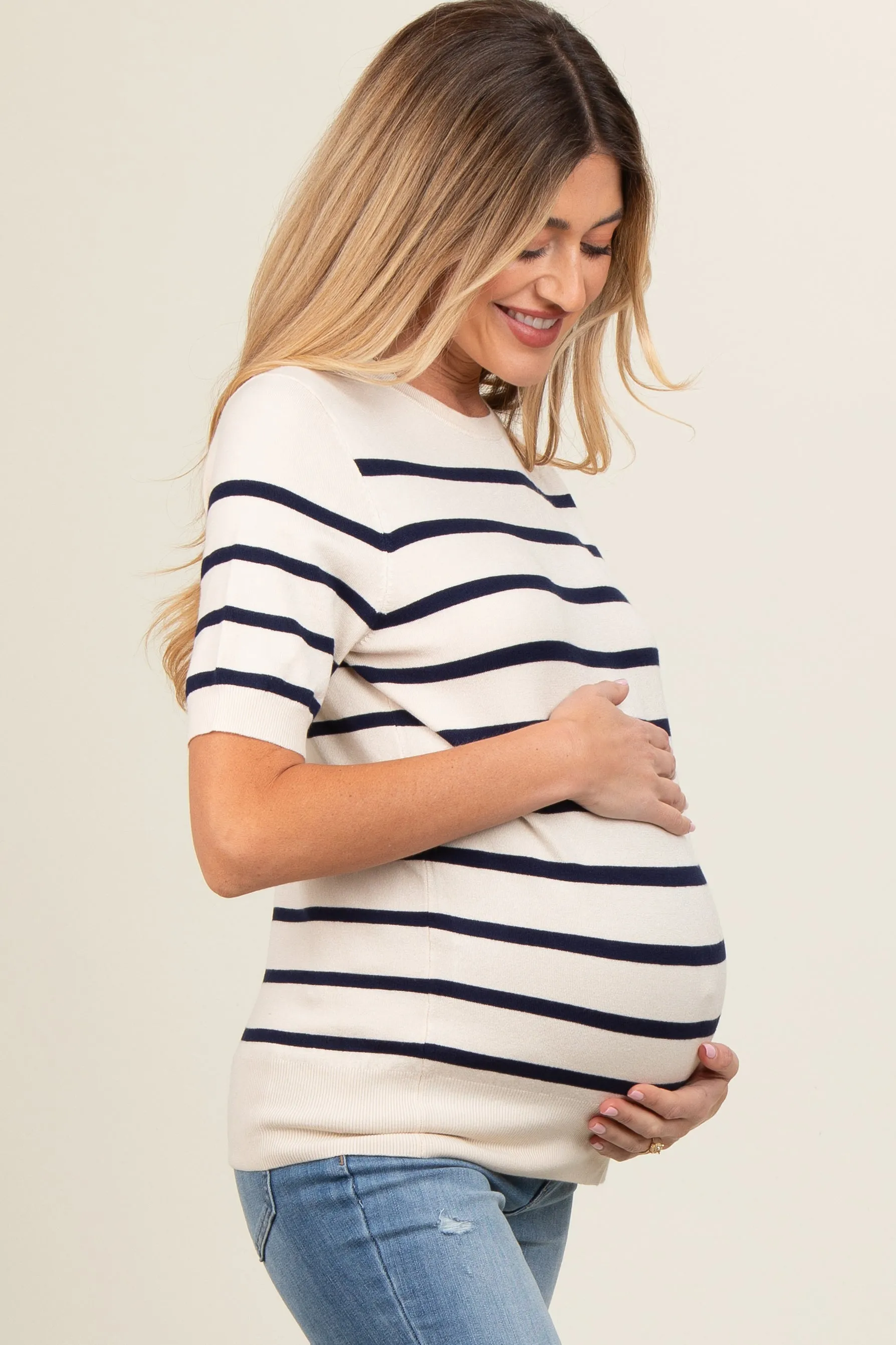 Navy Blue Striped Knit Maternity Short Sleeve Top sold by Pinkblush product image thumbnail 3