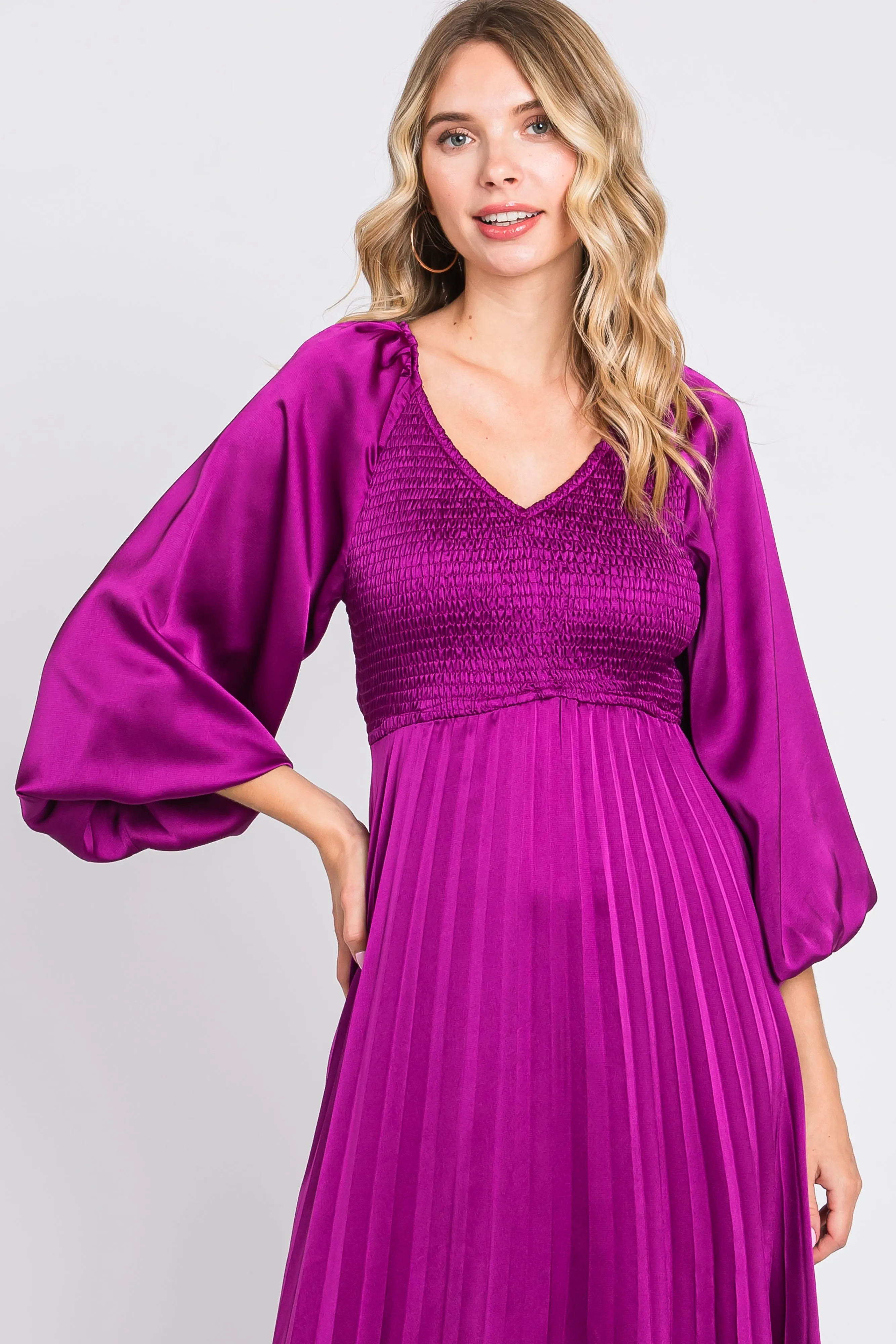 Purple Satin Smocked and Pleated Midi Dress sold by Pinkblush product image thumbnail 4