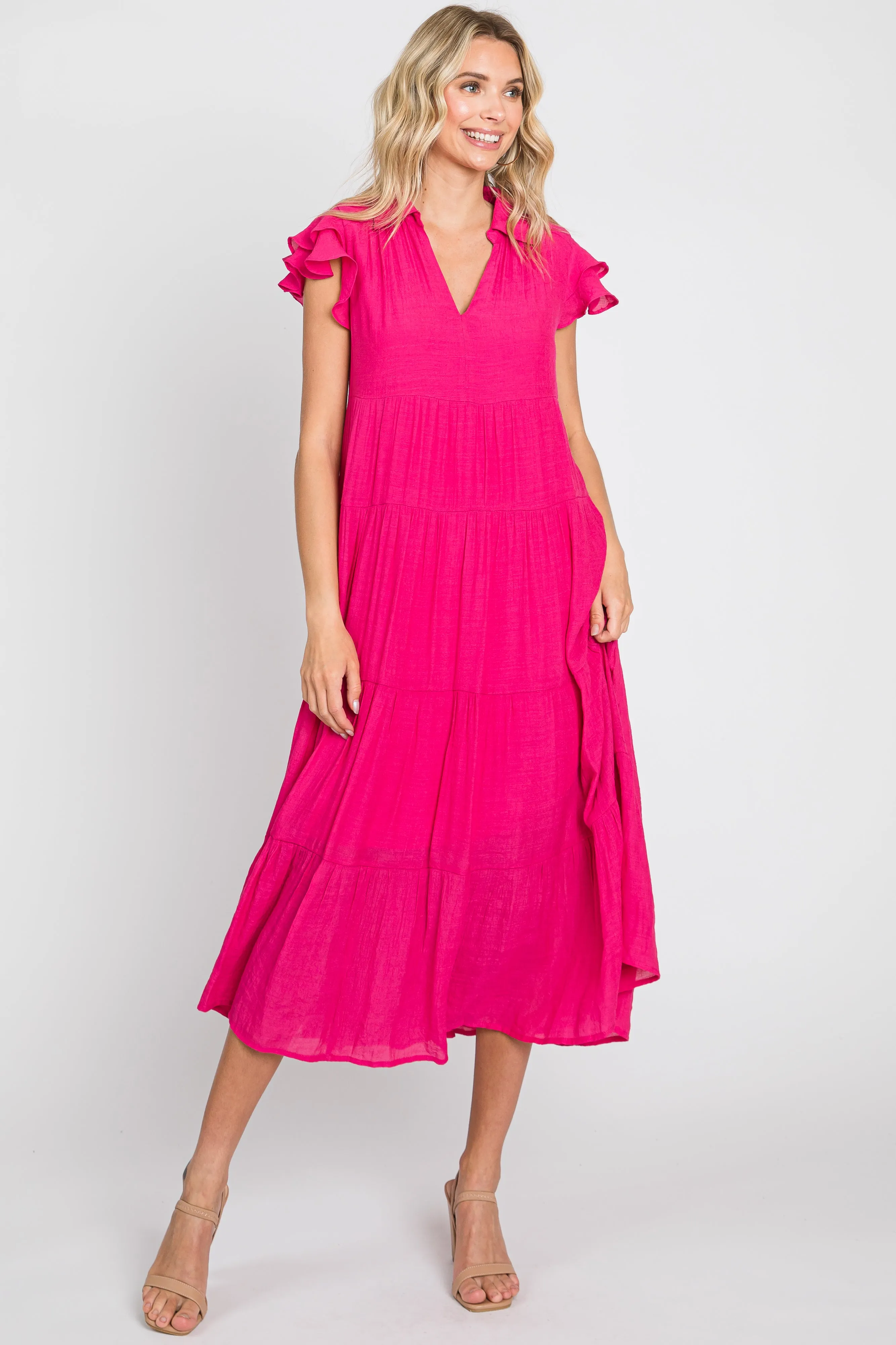 Fuchsia Flutter Sleeve Tiered Midi Dress sold by Pinkblush product image thumbnail 3