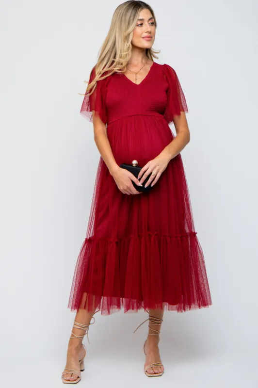 Burgundy Dotted Tulle Smocked Maternity Midi Dress sold by Pinkblush