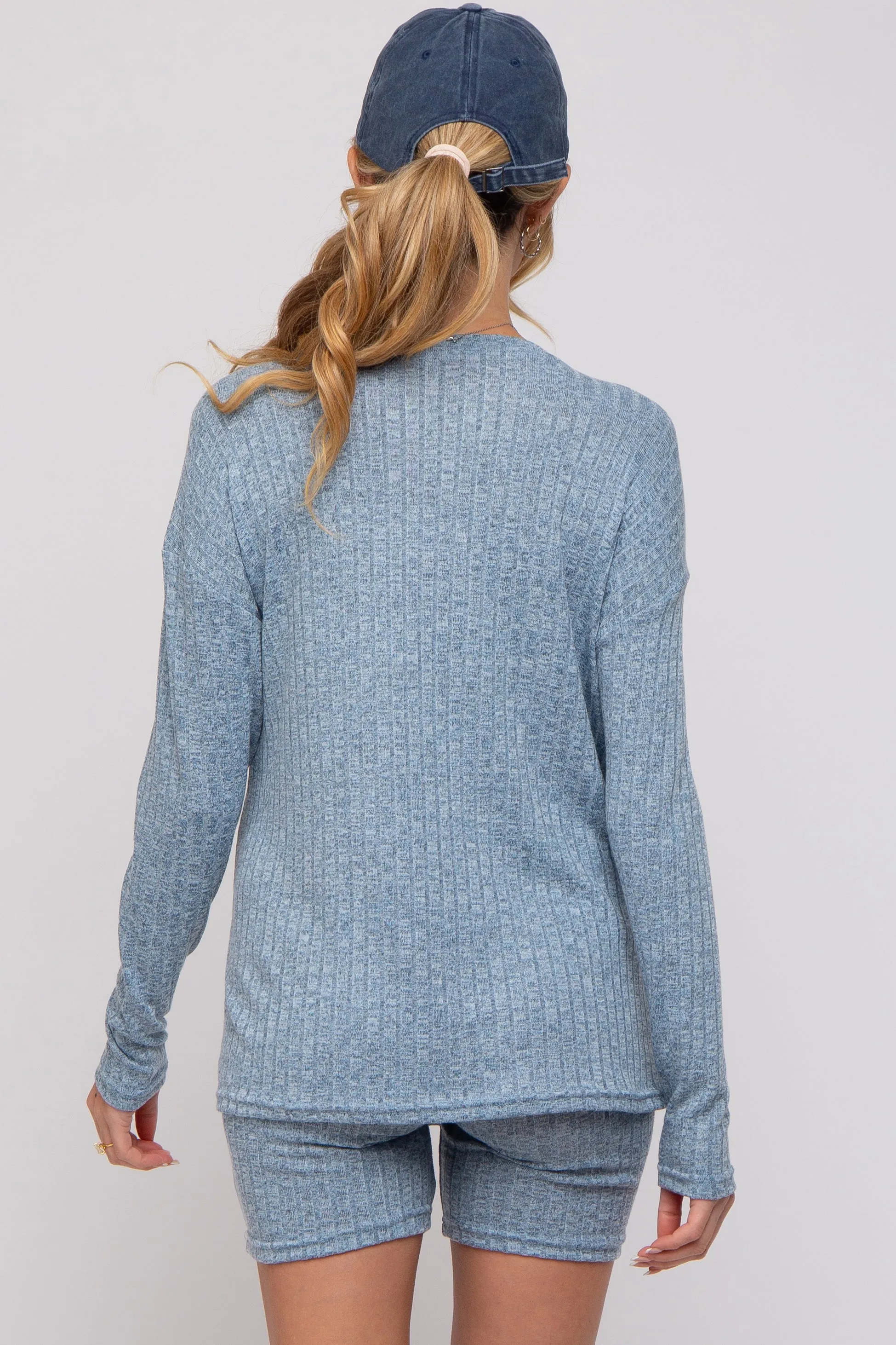 Blue Ribbed Long Sleeve Maternity Shorts Set sold by Pinkblush product image thumbnail 4