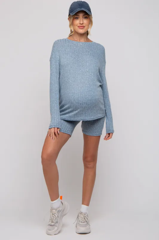 Blue Ribbed Long Sleeve Maternity Shorts Set sold by Pinkblush